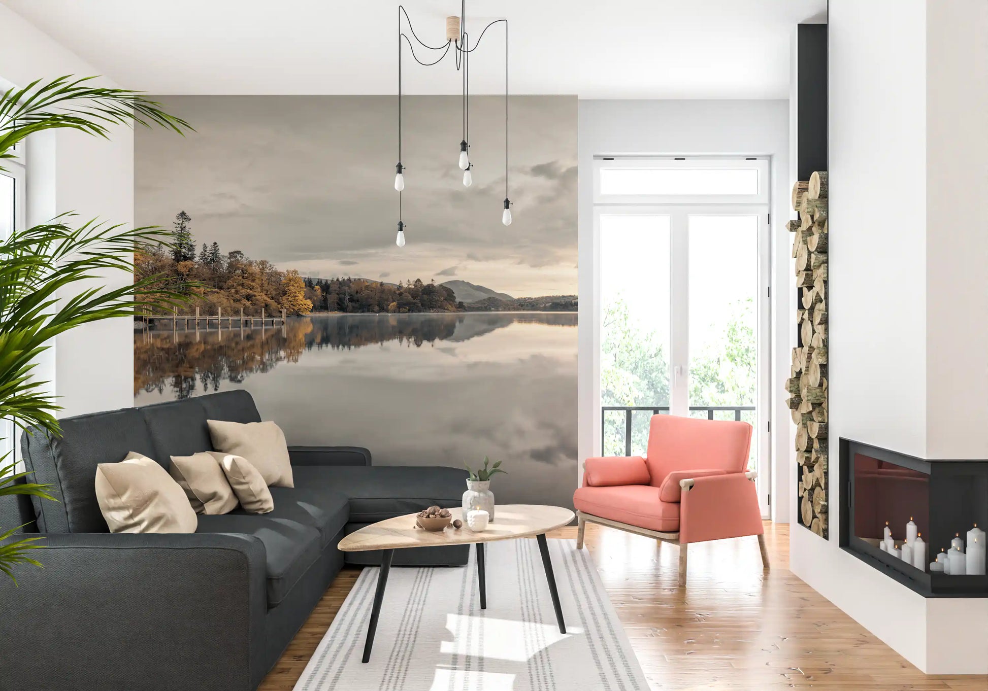 Amber and olive green trees along far shore in lakeside wall mural., GD10432