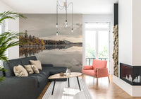 Amber and olive green trees along far shore in lakeside wall mural., GD10432