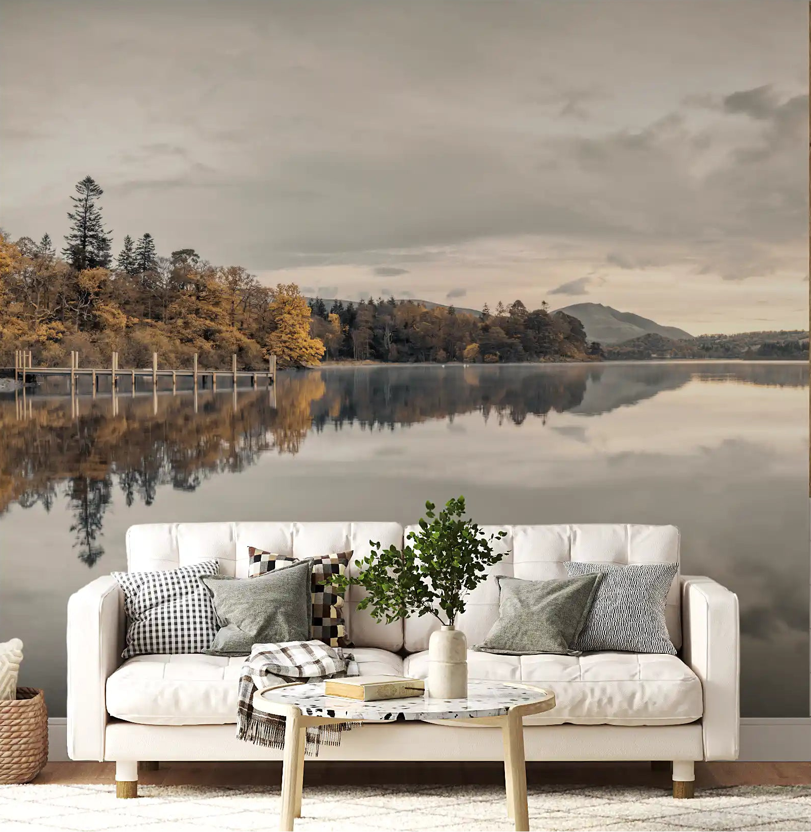 Reflective lake wall mural displayed in a living room with autumn trees., GD10432
