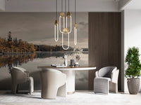 Golden lakeside mural with distant mountain peak and conifer tree line., GD10432