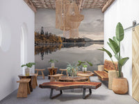 Golden lakeside mural with overcast sky mirrored on calm lake surface., GD10432