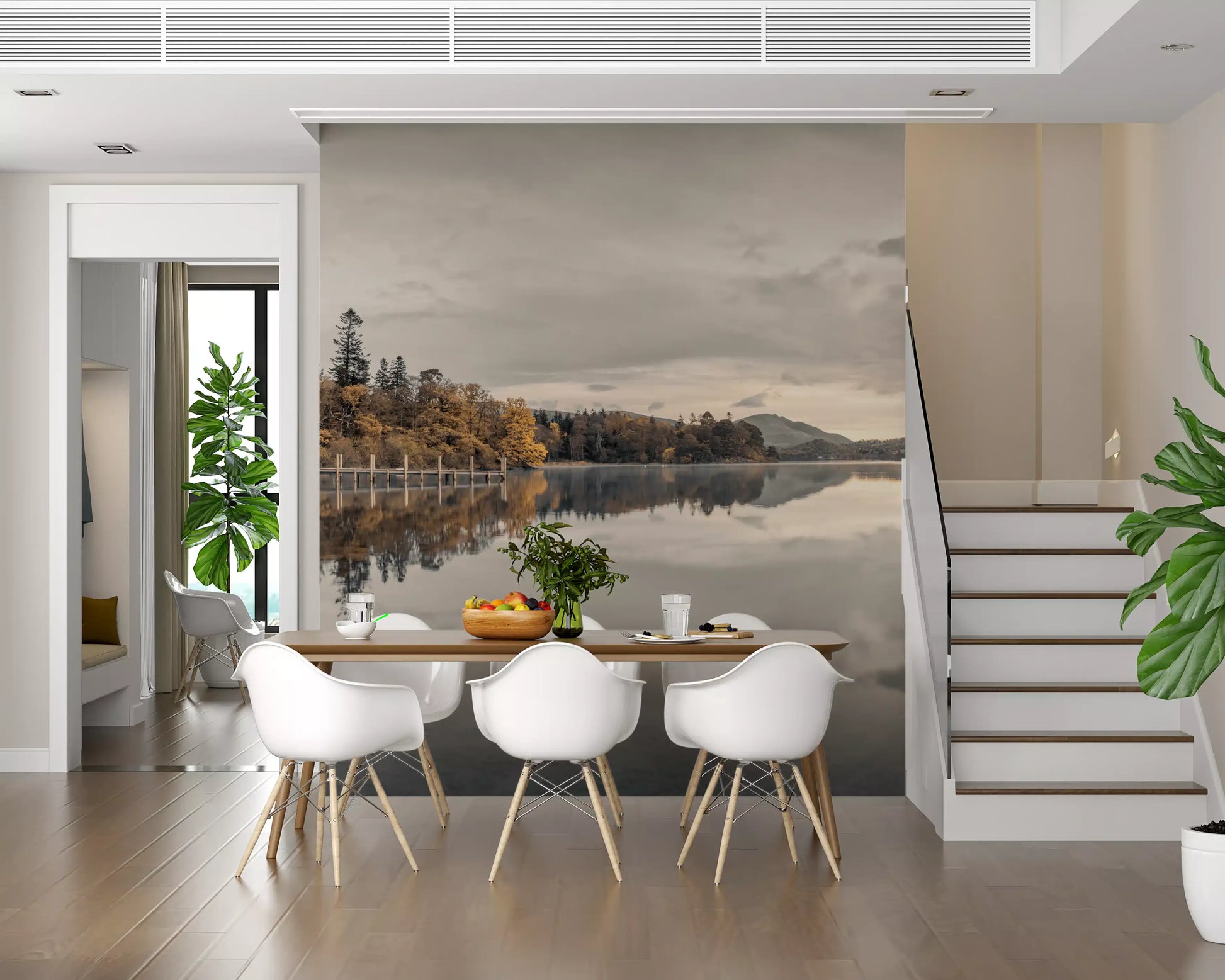 Autumn shoreline reflected in calm lake water with panoramic wall mural., GD10432