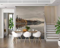 Autumn shoreline reflected in calm lake water with panoramic wall mural., GD10432