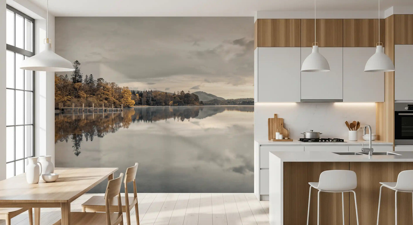 Panoramic lake wall mural with Distant mountain behind autumn tree line in kitchen., GD10432