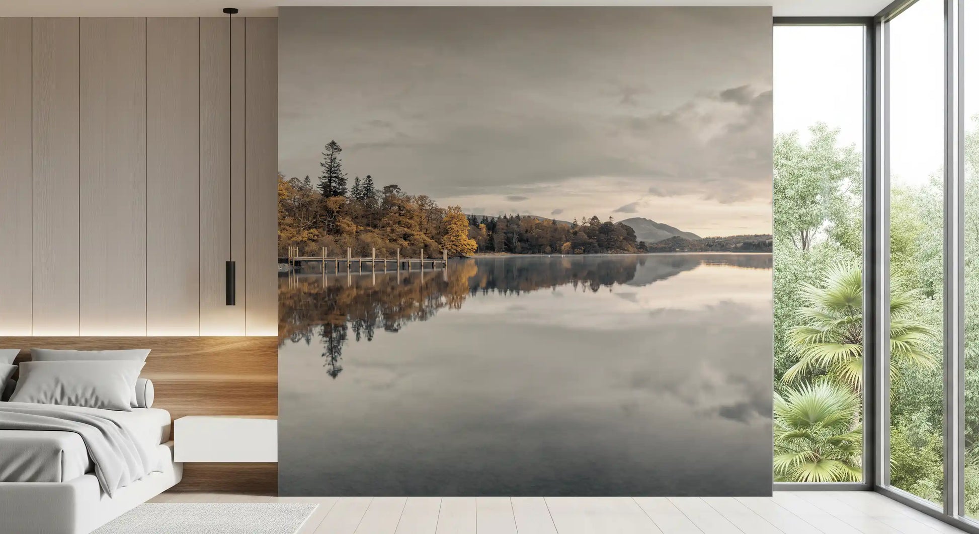 Mirror-like lake mural showing golden trees and wooden jetty posts., GD10432