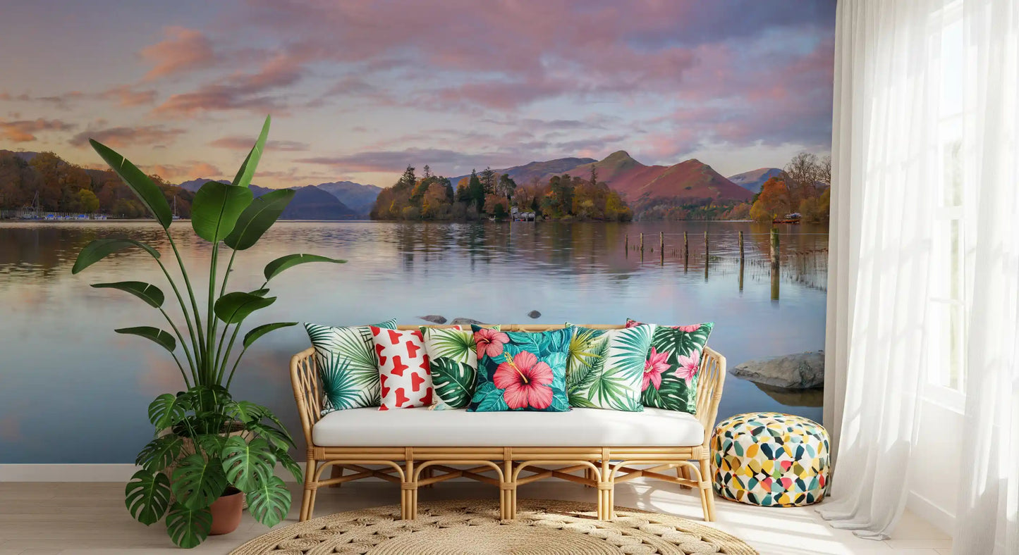 Calm lake surface reflecting colourful sunset clouds in a landscape wall mural., GD10433