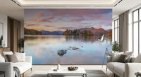Panoramic lake mural with sunset clouds and autumn coloured trees in living area., GD10433