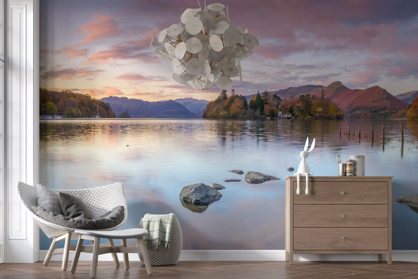 Autumn foliage along the shoreline in a panoramic lake wall mural., GD10433