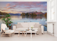 Rocks and wooden posts in lake foreground of autumn lakeside mural., GD10433