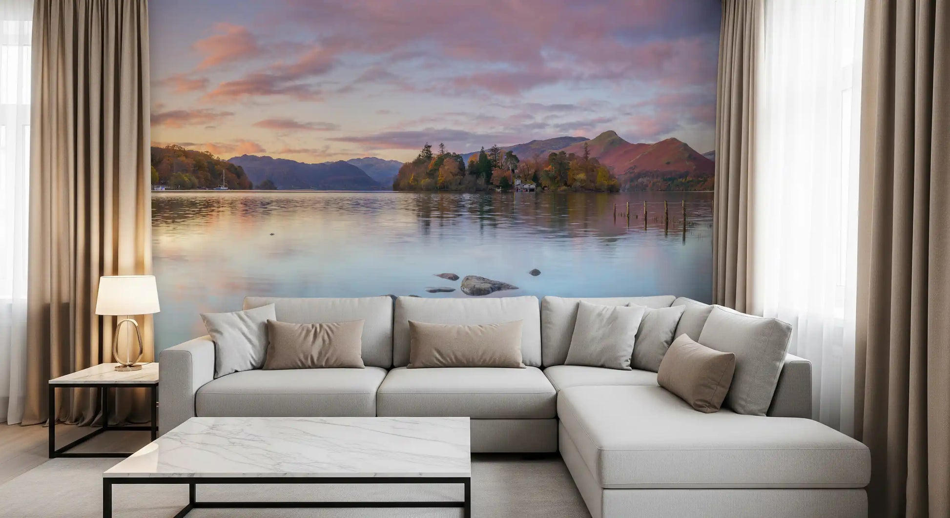 Mountain reflections on still water in the Autumn Lakeside Glow wall mural., GD10433