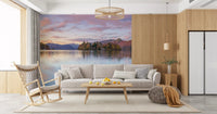 Autumn Lakeside Glow Mural displayed on a living room feature wall., GD10433