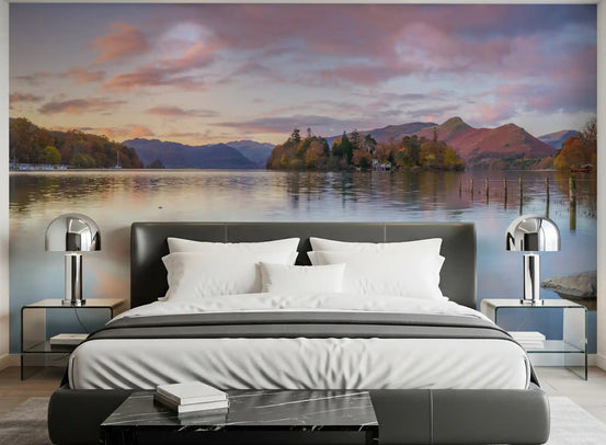 Lake and mountain mural adding depth to a bedroom accent wall., GD10433