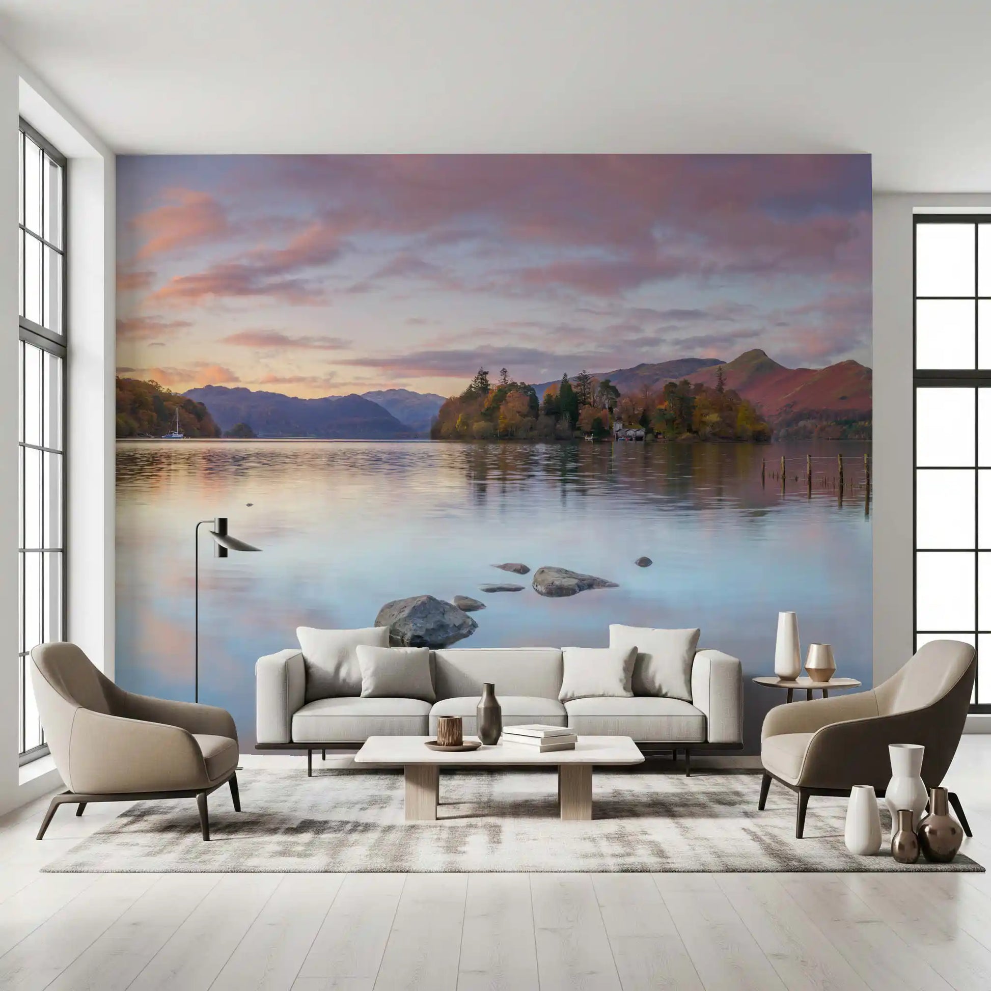 Autumn Lakeside Glow Wall Mural with calm water and mountain reflections., GD10433