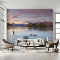 Autumn Lakeside Glow Wall Mural with calm water and mountain reflections., GD10433