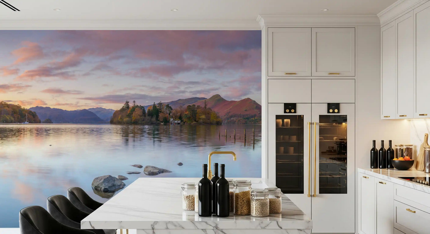Autumn Lakeside Glow Wall Mural with Warm golden light on mountains in kitchen., GD10433