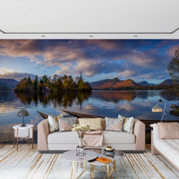 Green and golden autumn trees on an island in a panoramic lake mural., GD10434
