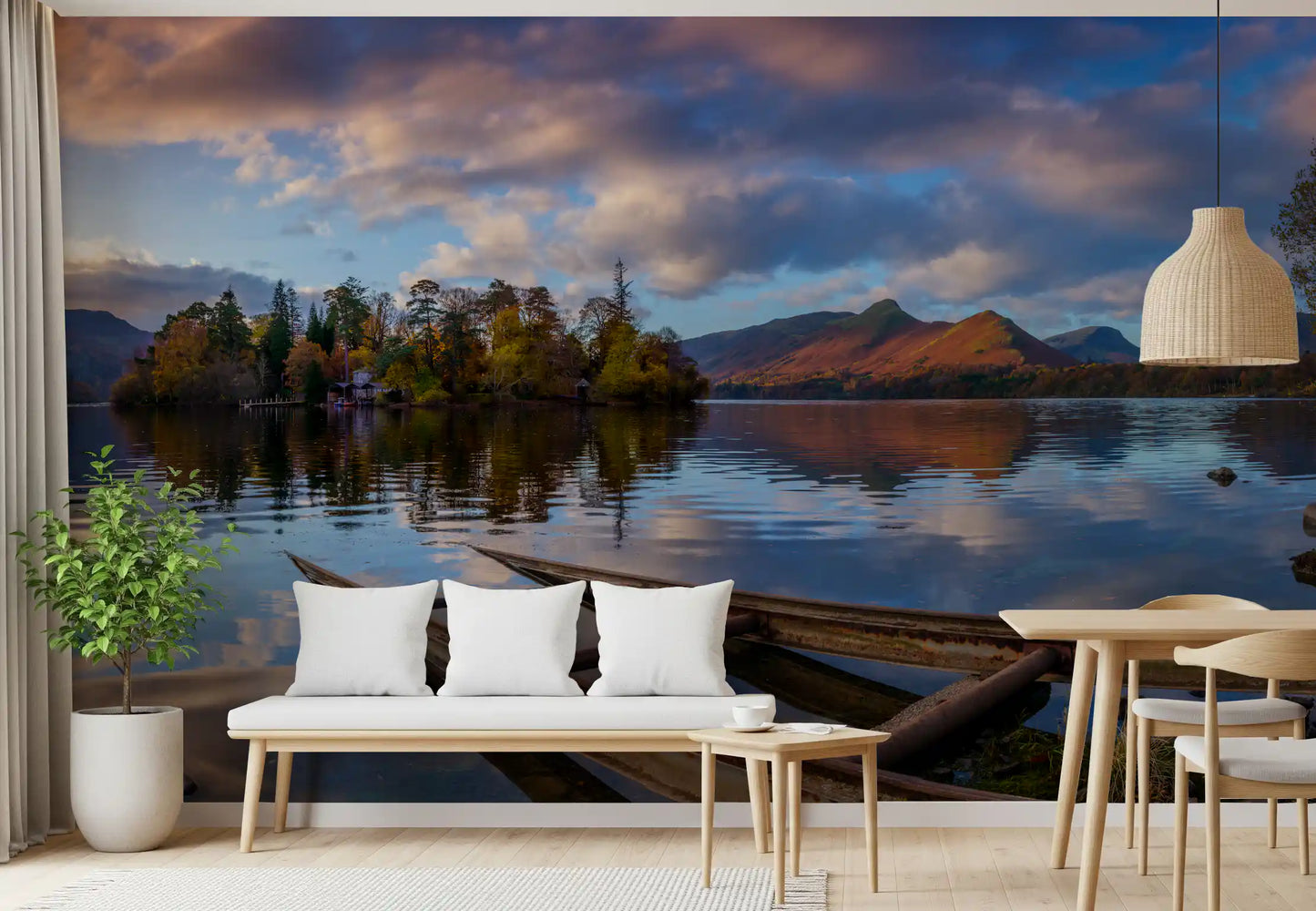 Autumn lake wall mural with tree-covered island reflected in dining room., GD10434