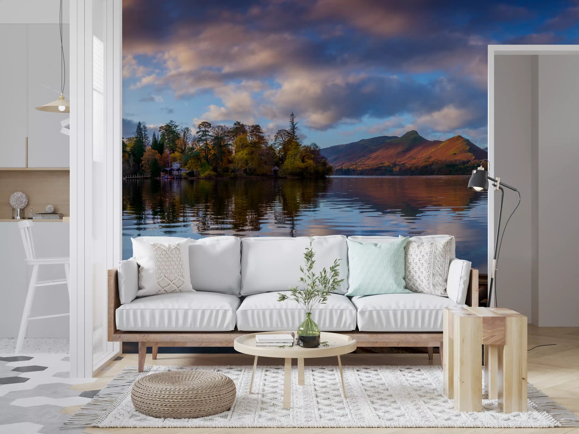 Metal rails leading into a lake in the Lakeside Reflections wall mural., GD10434