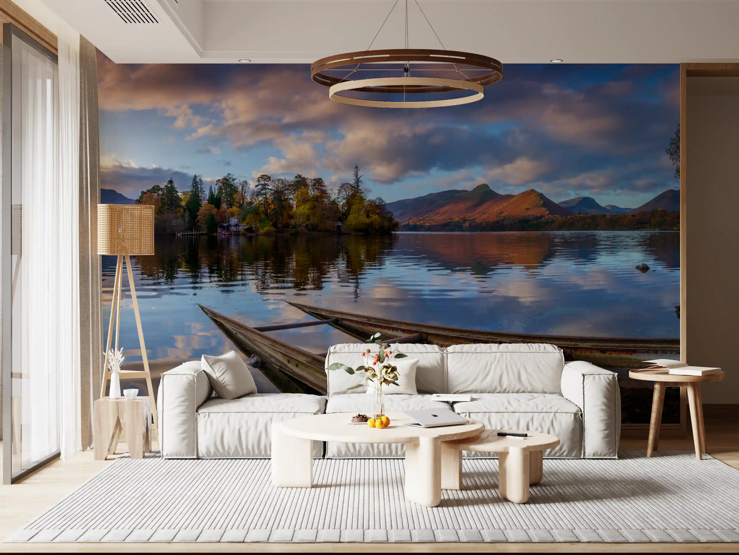 Lakeside Reflections Autumn Glow Wall Mural with island and mountain view., GD10434