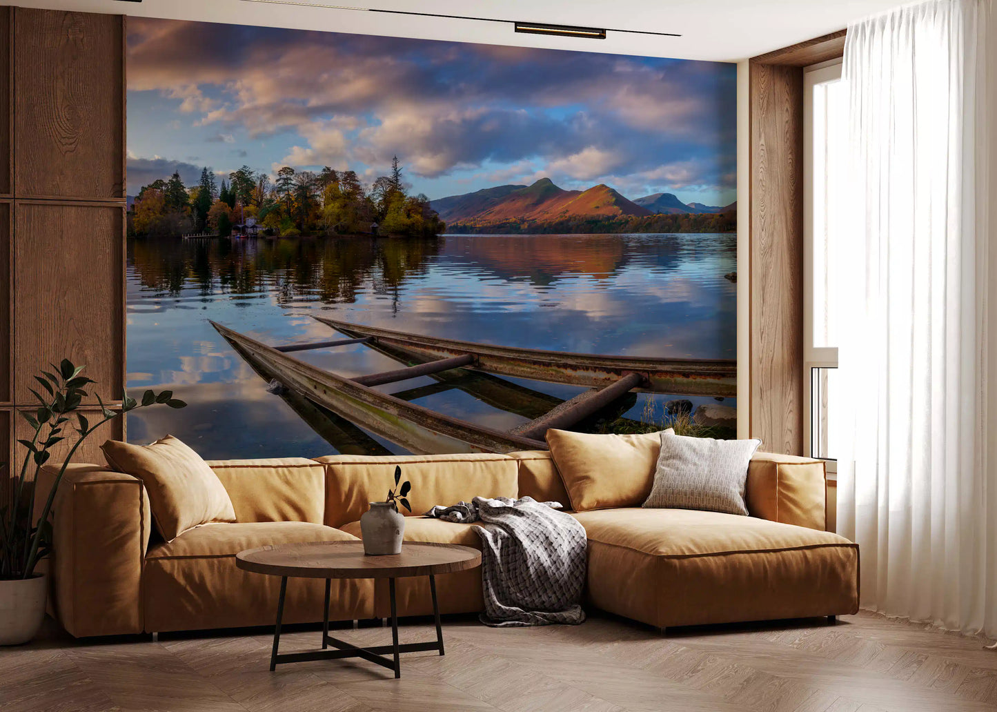 Dramatic clouds over a still lake in the Autumn Glow landscape wall mural., GD10434