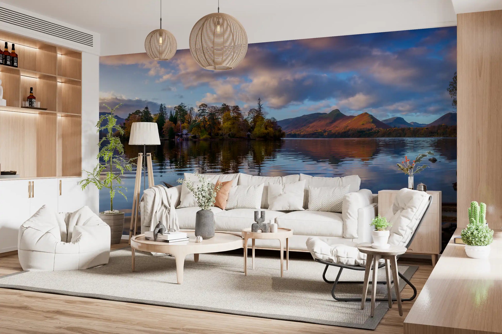 Cloud reflections on still water surface in an autumn landscape mural., GD10434