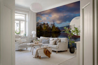 Lakeside Reflections mural with Russet hillsides and layered ridges in living area., GD10434