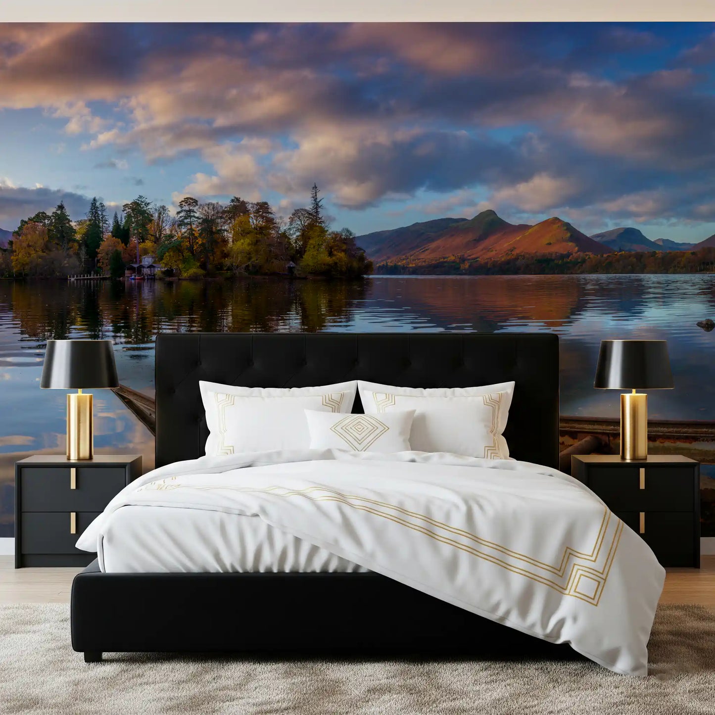 Autumn lake and mountain mural displayed on a bedroom accent wall., GD10434