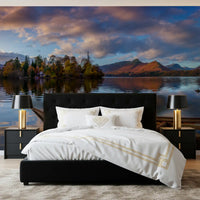 Autumn lake and mountain mural displayed on a bedroom accent wall., GD10434
