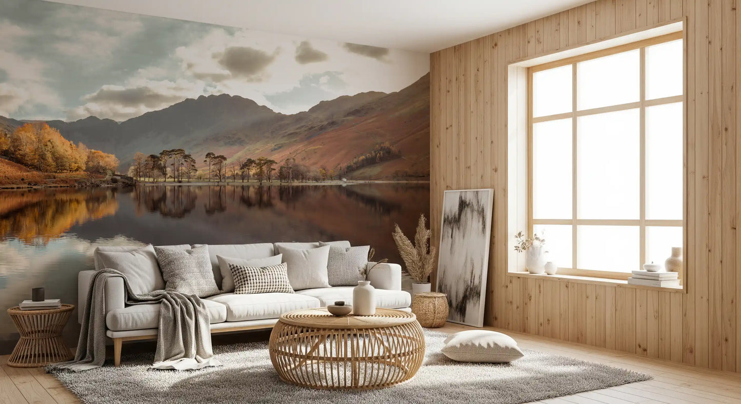 Sunlight through scattered clouds above mountain peaks in a lake mural., GD10435