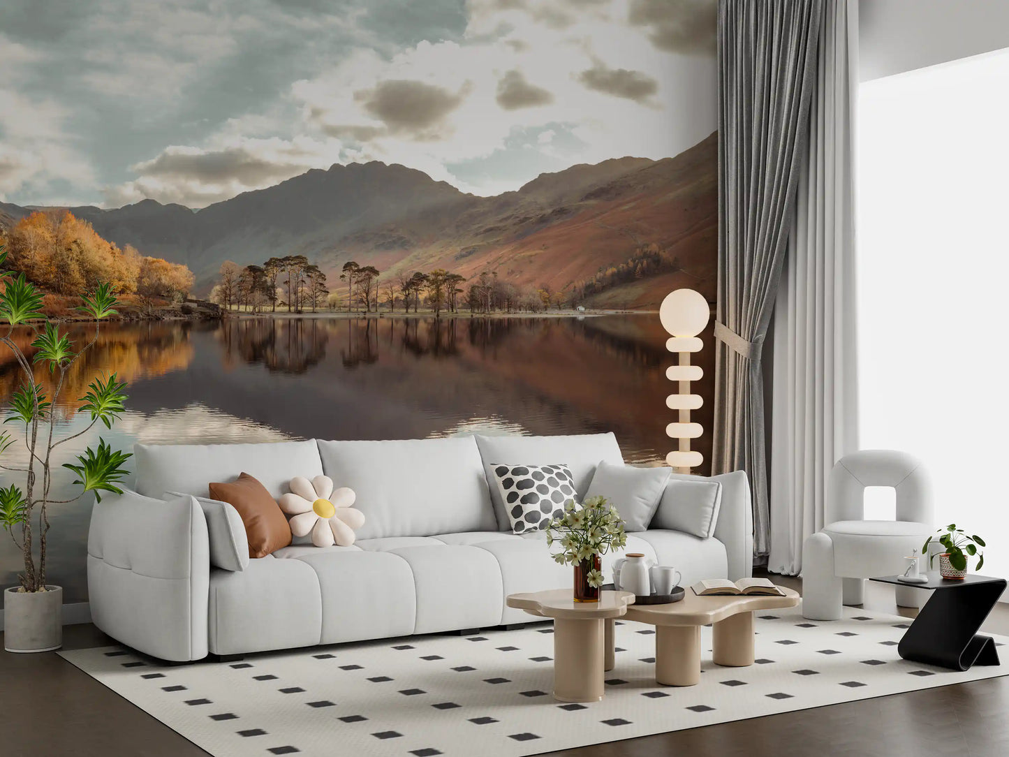 The autumn mural with Copper and grey tones across a still valley lake., GD10435