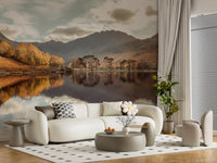 Golden Reflection wall mural with Tall pine tree row along the lakeshore., GD10435