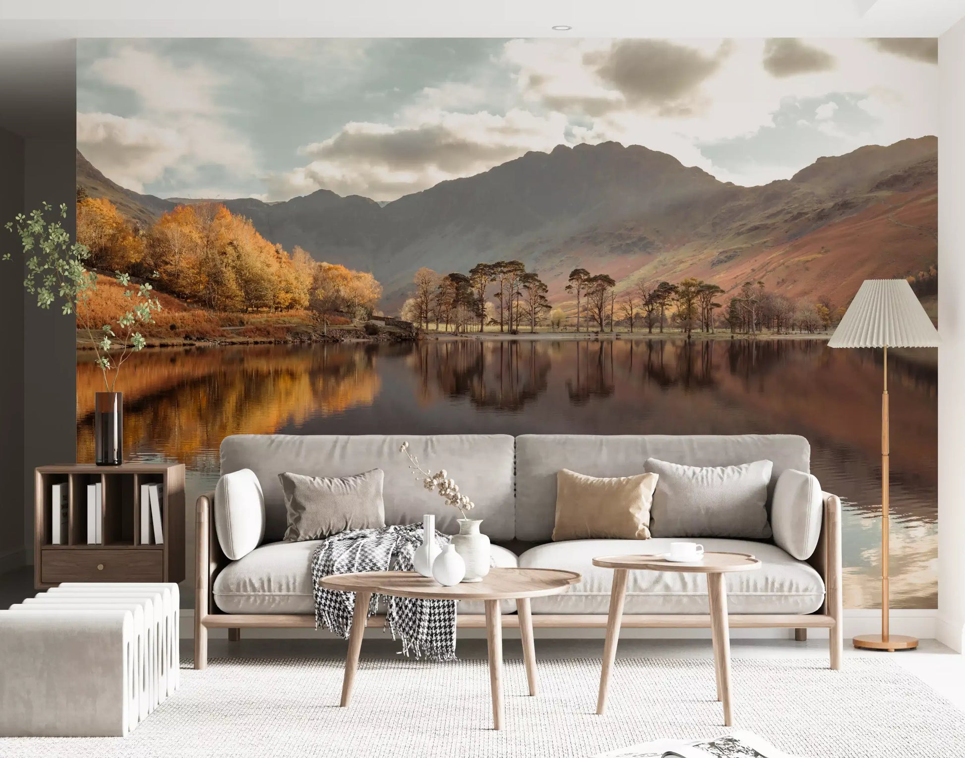 Mirror reflection of pine trees and mountains in an autumn lake mural., GD10435