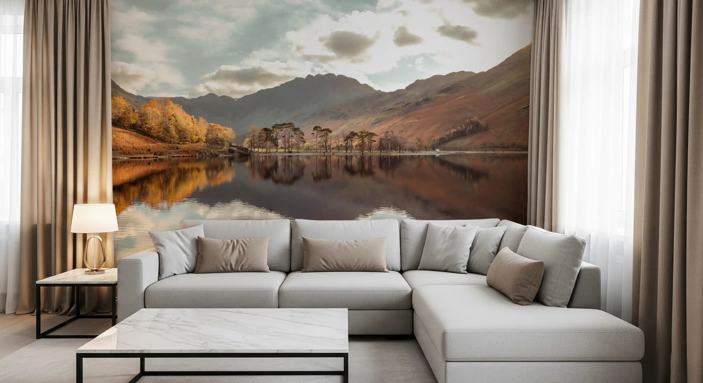 Symmetrical water reflection of autumn foliage in a landscape wall mural., GD10435