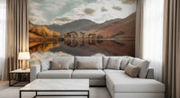 Symmetrical water reflection of autumn foliage in a landscape wall mural., GD10435