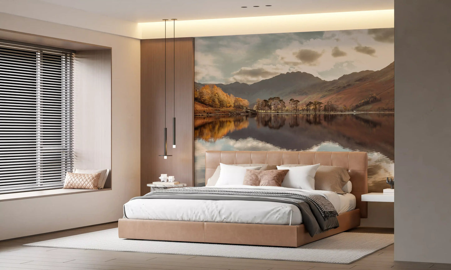  Valley lake mural with Golden deciduous trees framing the left shore in bedroom., GD10435