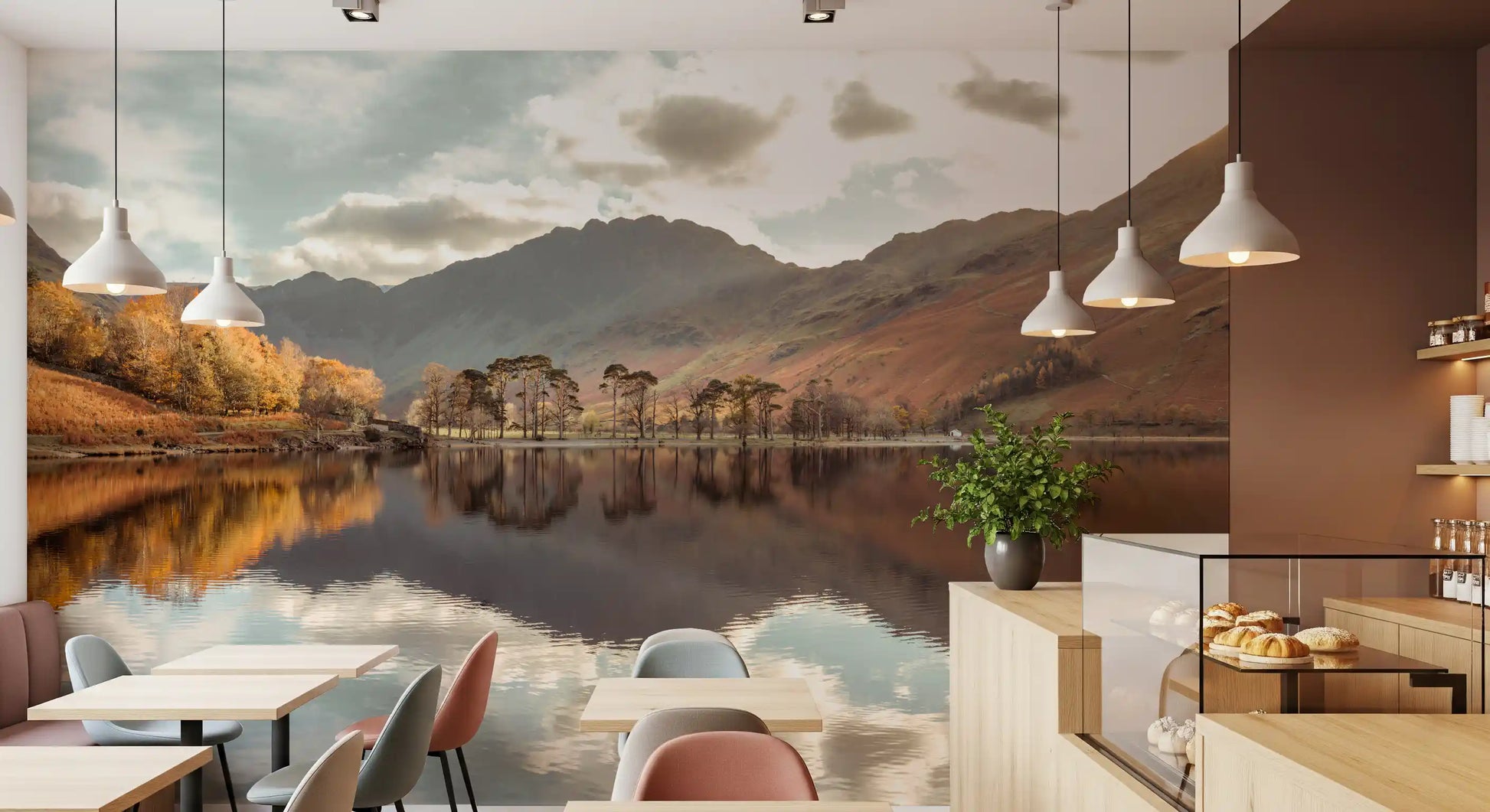 Autumn's Golden Reflection Wall Mural with mountain valley and still lake., GD10435