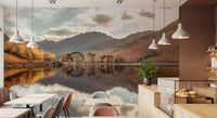 Autumn's Golden Reflection Wall Mural with mountain valley and still lake., GD10435