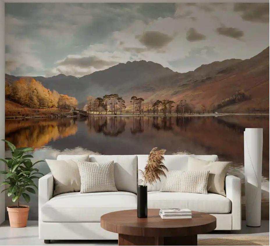 Mountain lake mural with autumn tones on a bedroom feature wall., GD10435