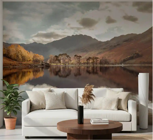 Mountain lake mural with autumn tones on a bedroom feature wall.