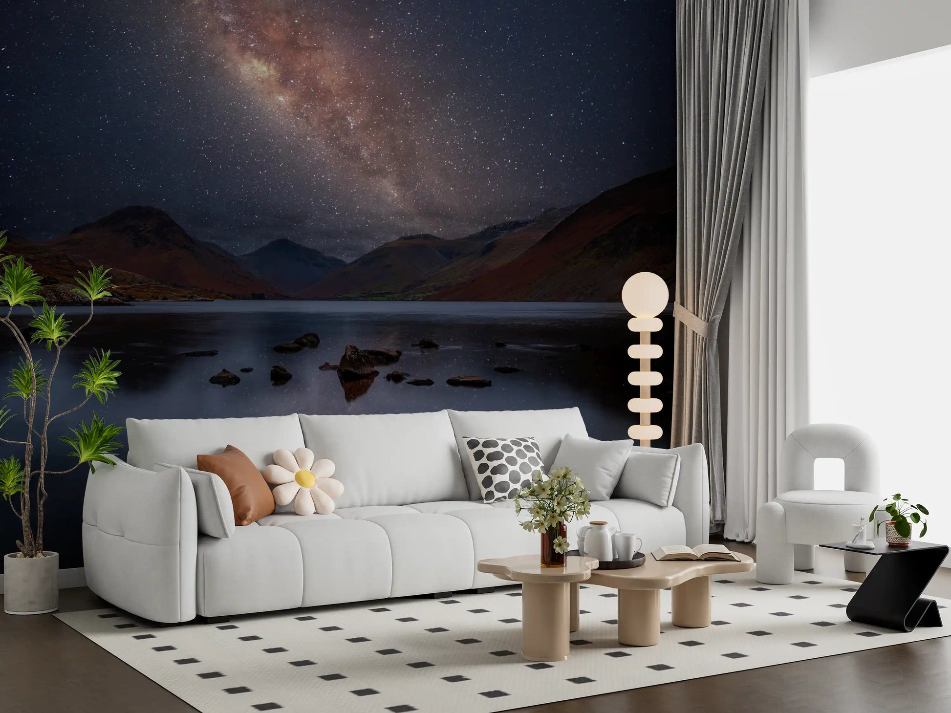 Amber galaxy core glowing above dark ridges in the lake reflection mural., GD10436