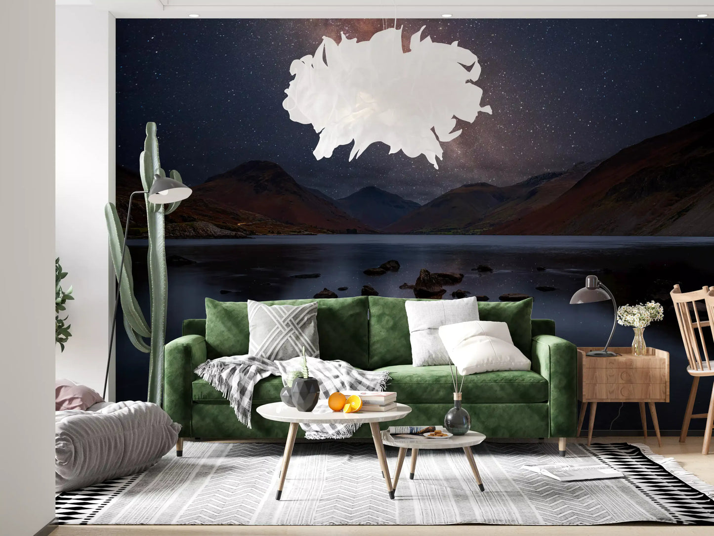 Mirrored Milky Way reflection on calm lake surface in a landscape mural., GD10436
