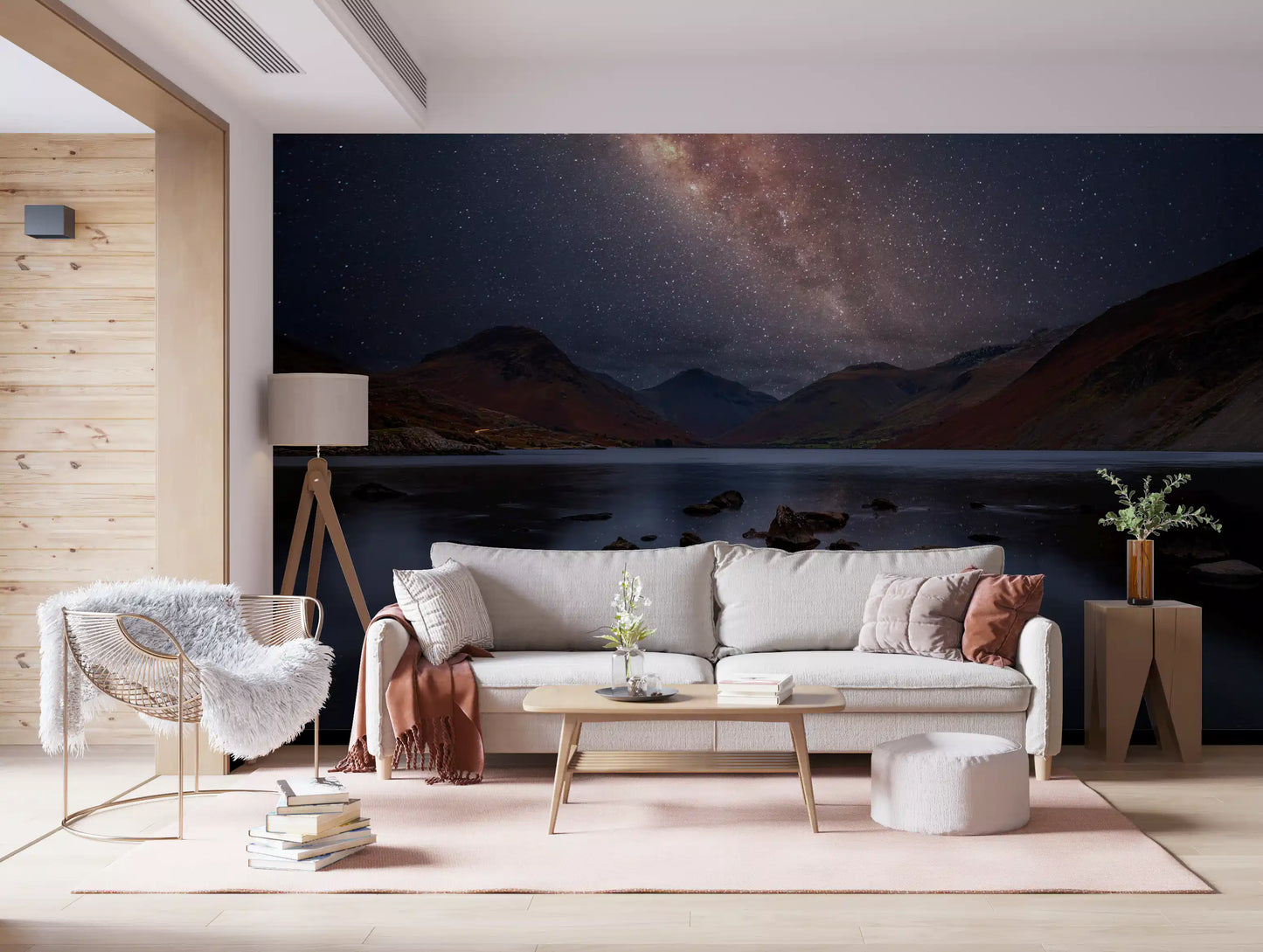 Milky Way Lake Reflection Wall Mural with galaxy core over a mountain valley., GD10436