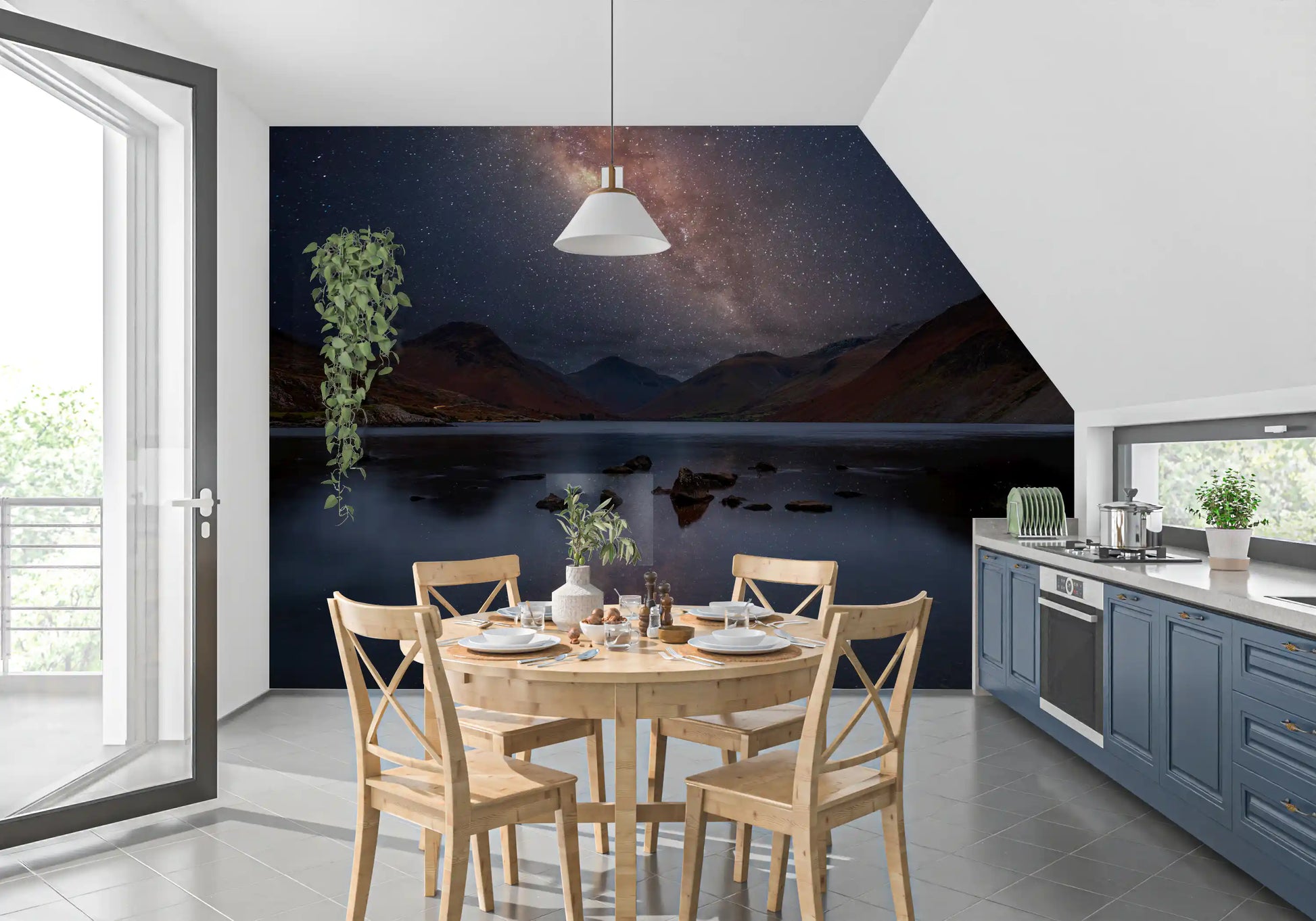 Milky Way galaxy wall mural showing Dark brown mountain slopes flanking a lake., GD10436