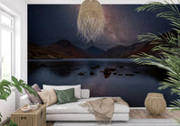 Night sky mural with Milky Way stars reflected in a still mountain lake., GD10436