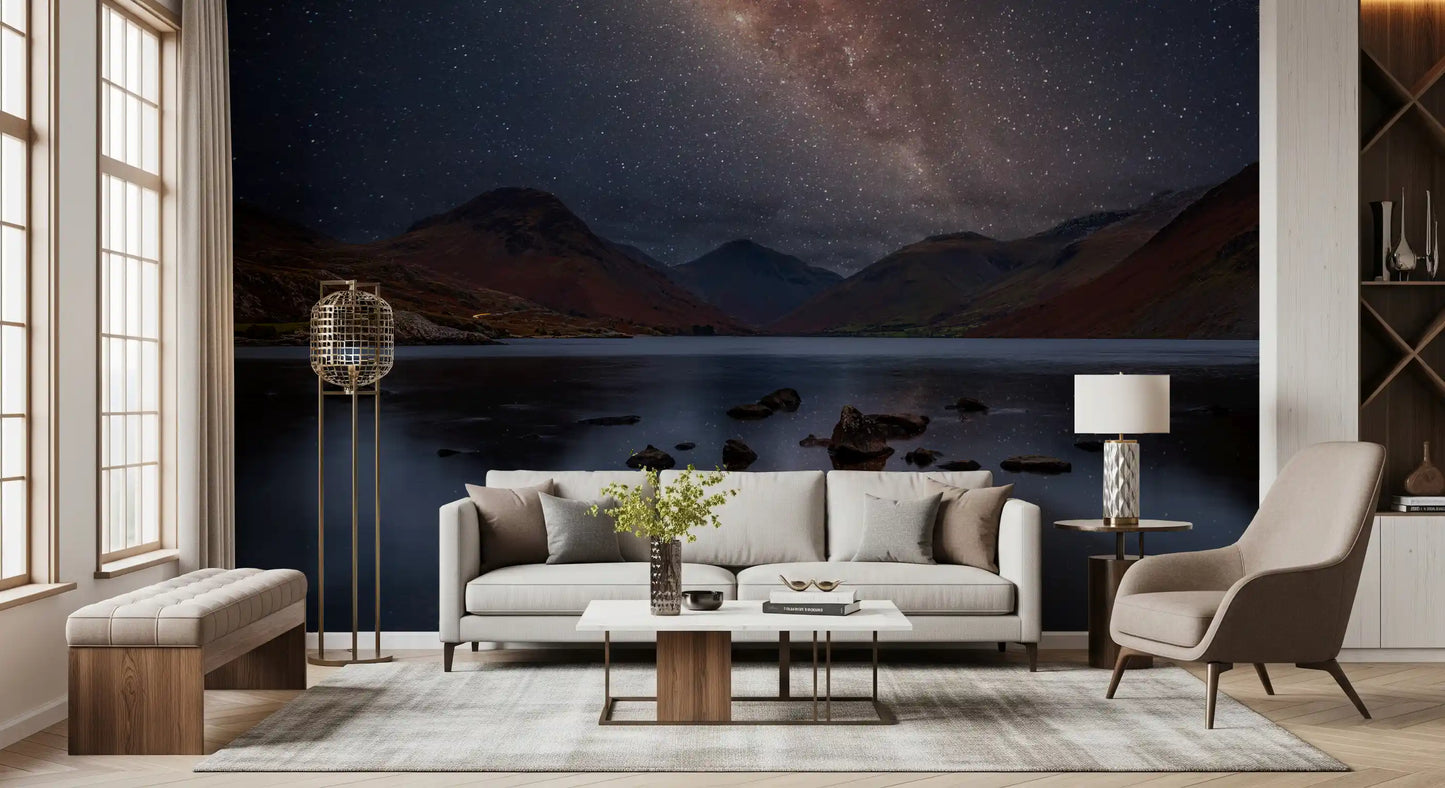 Night sky mountain lake mural on a living room accent wall., GD10436