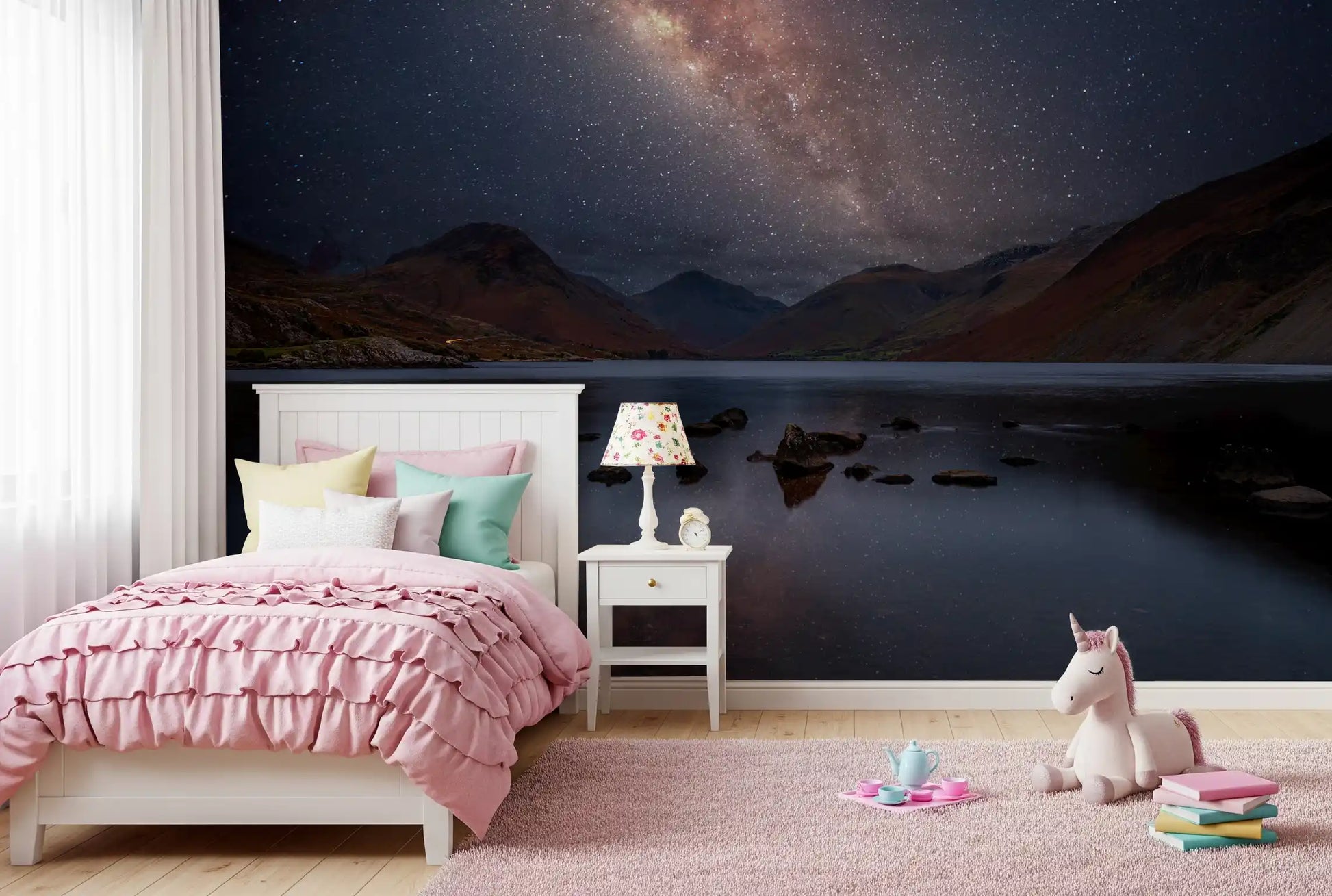 The night sky mural with Deep navy sky filled with stars above a valley in girl's room., GD10436