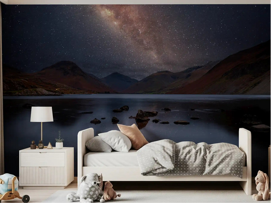 Milky Way Lake Reflection Mural displayed on a kids bedroom wall.