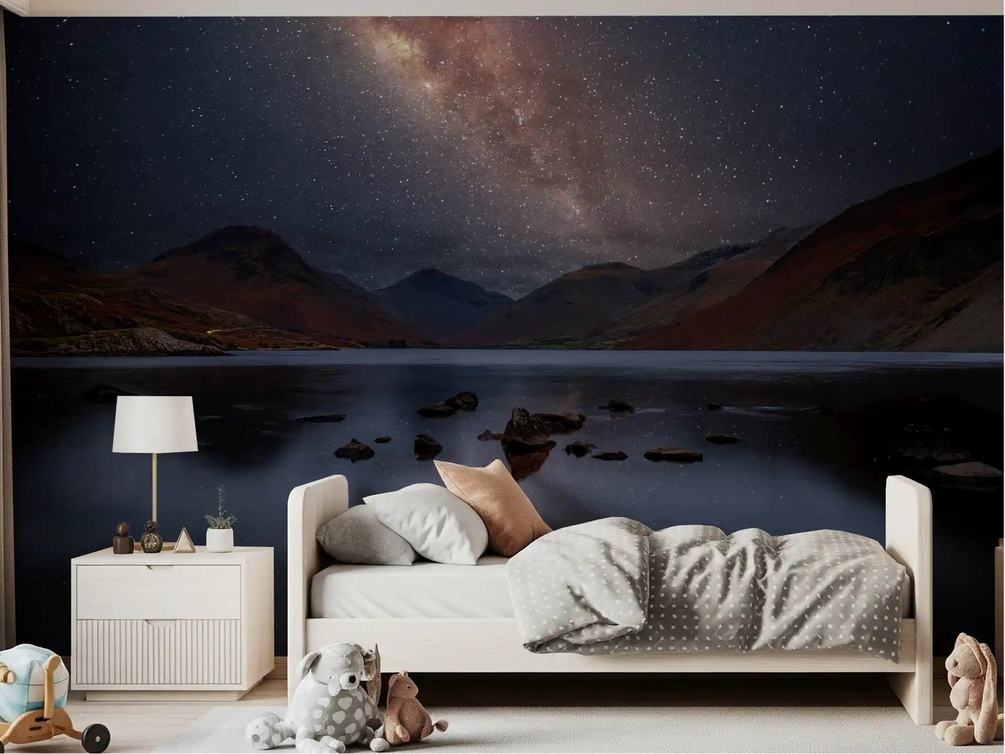 Milky Way Lake Reflection Mural displayed on a kids bedroom wall., GD10436