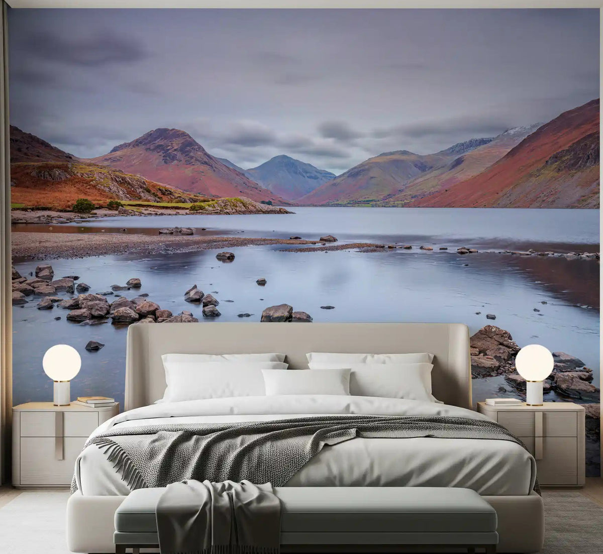 Mountain valley lake mural with autumn tones on a bedroom accent wall., GD10437