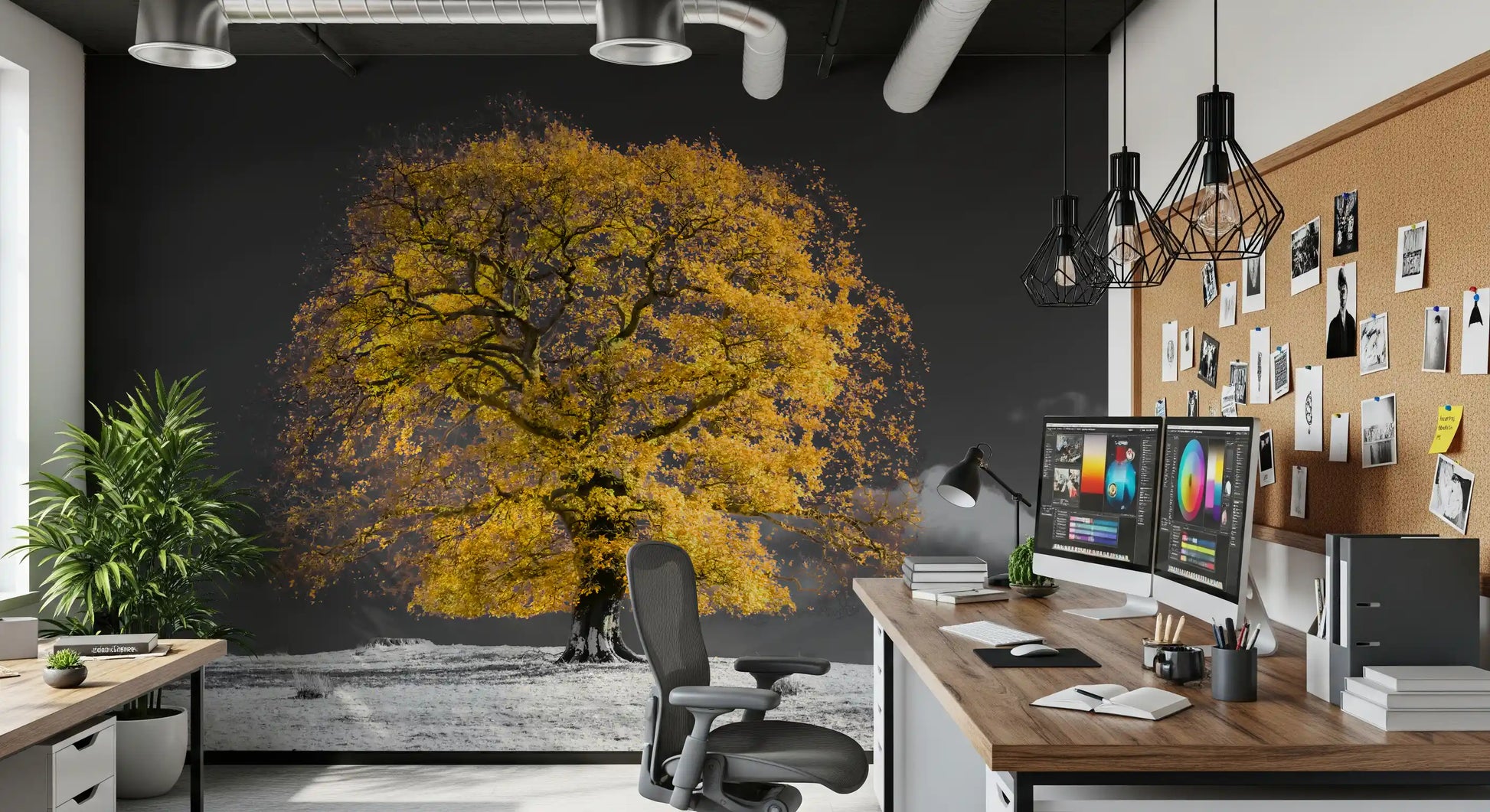 Golden solitude mural showing intricate branches with yellow autumn leaves., GD10438